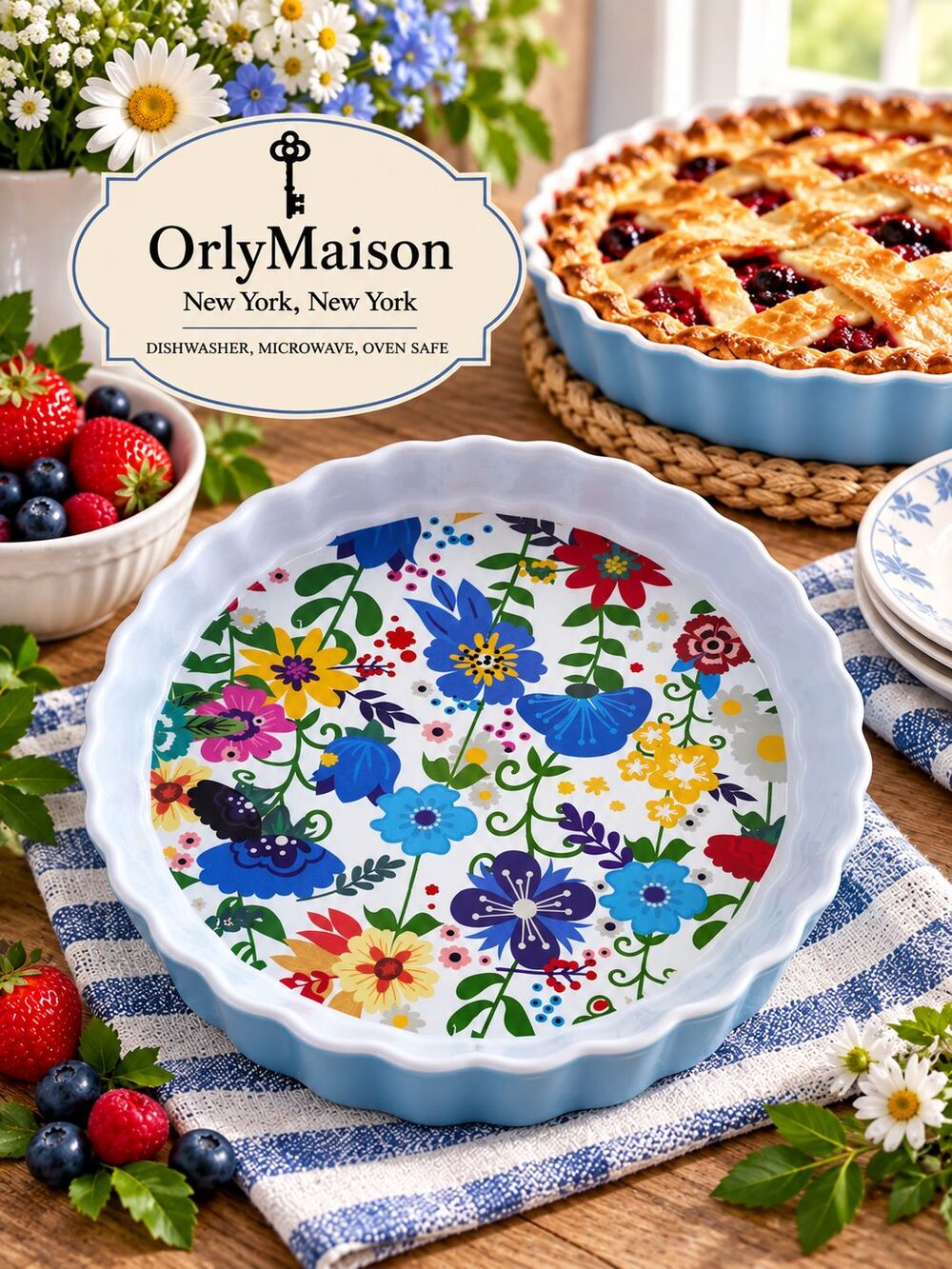 OrlyMaison Floral Ceramic Pie Tart Baking Dish 8.5" Scalloped Blue Oven Safe